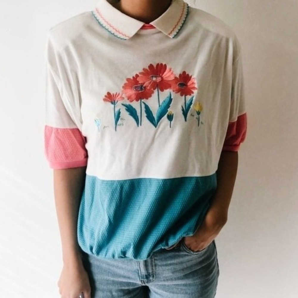 Pykettes Vintage Floral Embroidered Colorblock Polo Shirt‎ White Pink Teal Large
